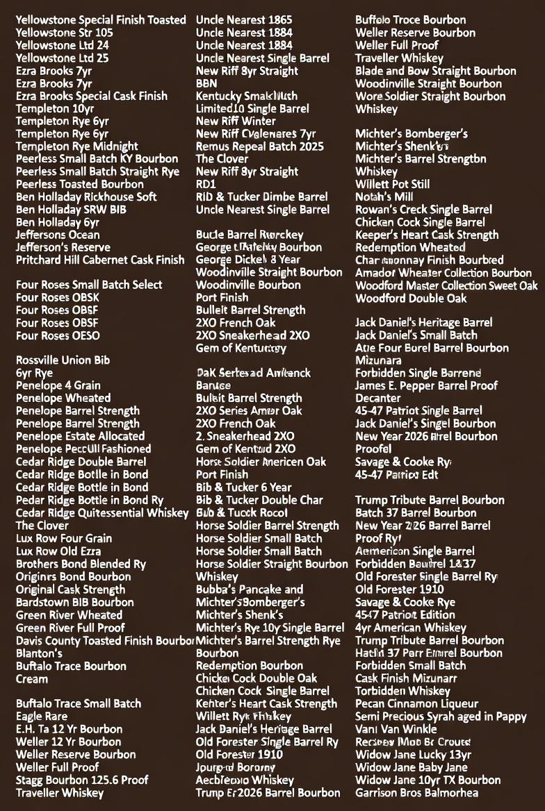 Featured bourbon lineup list for the Bourbon & Bacon Social at The Meadow Barn including rare and limited release whiskeys